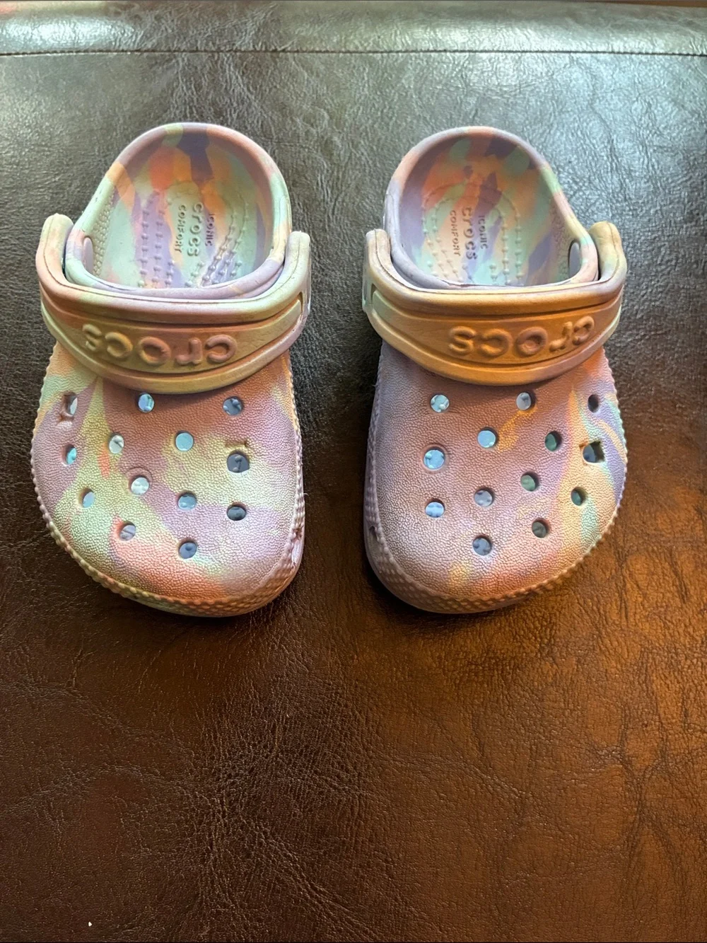 Baby size 5- CROCS Kids' Pastel Tie-Dye Clog - Blue Green Purple